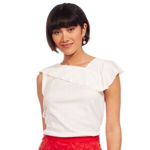 13. Eva Franco Xena Cap Short Sleeve White Top with Asymmetrical Neck
